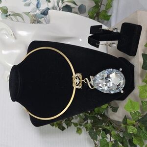 Statement Gold Choker Necklace with Large CZ Teardrop Pendant and Earrings  Set